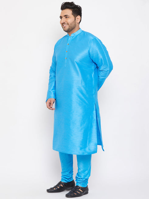 Vastramay Men's Plus Size Aqua Blue Silk Blend Kurta Pyjama Set